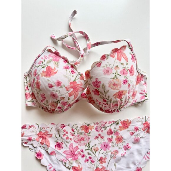 H&M White Pink Floral Scalloped 2pc Halter Bikini Set, Size 36D/10 - Picture 2 of 12